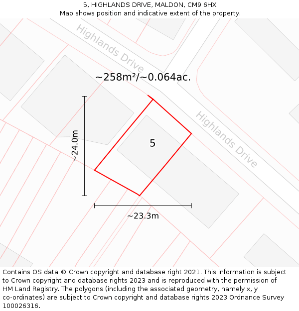 5, HIGHLANDS DRIVE, MALDON, CM9 6HX: Plot and title map