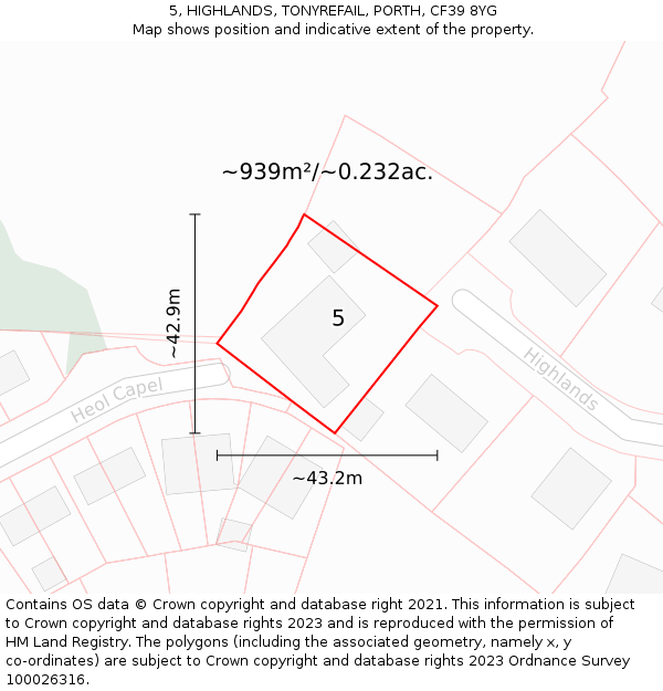 5, HIGHLANDS, TONYREFAIL, PORTH, CF39 8YG: Plot and title map