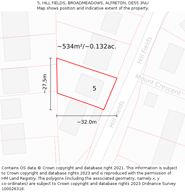 5, HILL FIELDS, BROADMEADOWS, ALFRETON, DE55 3NU: Plot and title map