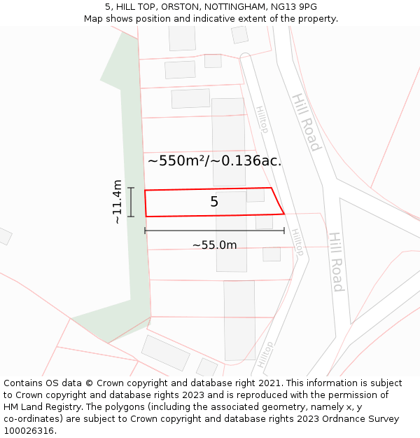 5, HILL TOP, ORSTON, NOTTINGHAM, NG13 9PG: Plot and title map