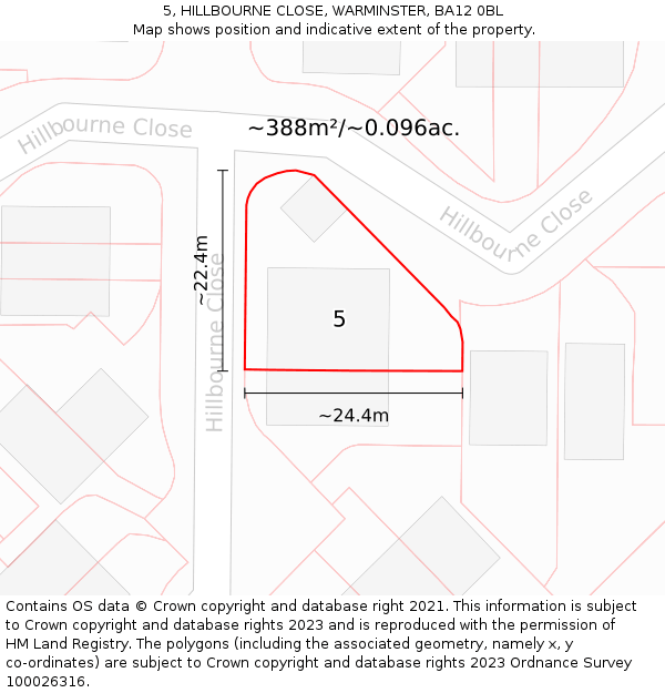 5, HILLBOURNE CLOSE, WARMINSTER, BA12 0BL: Plot and title map