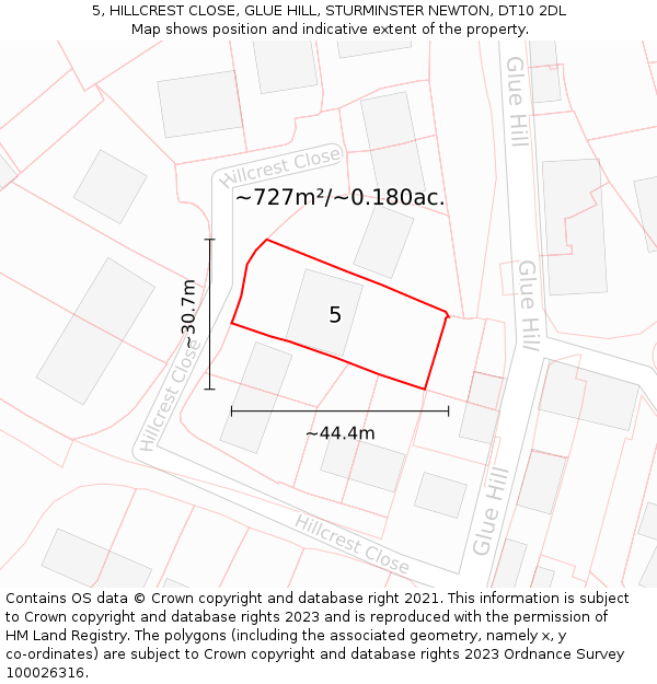 5, HILLCREST CLOSE, GLUE HILL, STURMINSTER NEWTON, DT10 2DL: Plot and title map