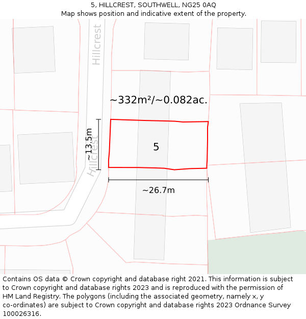 5, HILLCREST, SOUTHWELL, NG25 0AQ: Plot and title map