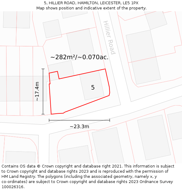 5, HILLIER ROAD, HAMILTON, LEICESTER, LE5 1PX: Plot and title map