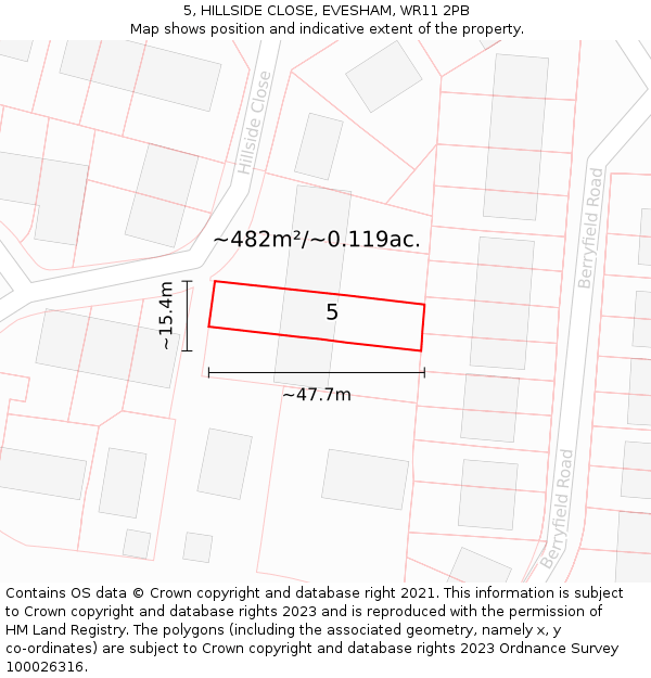 5, HILLSIDE CLOSE, EVESHAM, WR11 2PB: Plot and title map