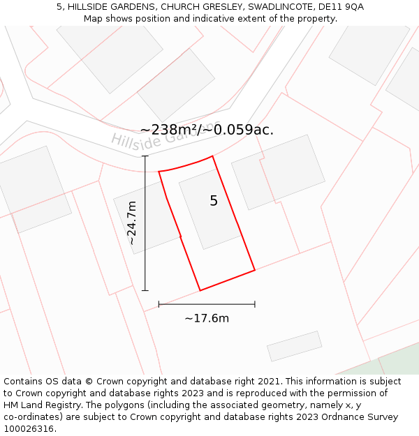 5, HILLSIDE GARDENS, CHURCH GRESLEY, SWADLINCOTE, DE11 9QA: Plot and title map