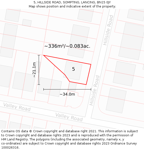 5, HILLSIDE ROAD, SOMPTING, LANCING, BN15 0JY: Plot and title map