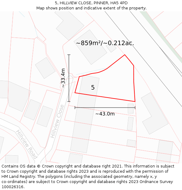 5, HILLVIEW CLOSE, PINNER, HA5 4PD: Plot and title map