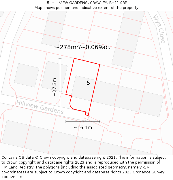 5, HILLVIEW GARDENS, CRAWLEY, RH11 9RF: Plot and title map