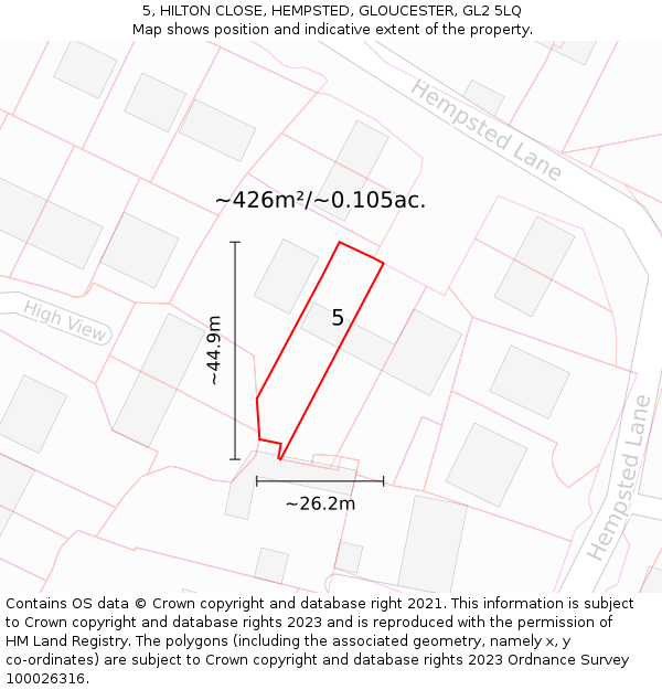 5, HILTON CLOSE, HEMPSTED, GLOUCESTER, GL2 5LQ: Plot and title map