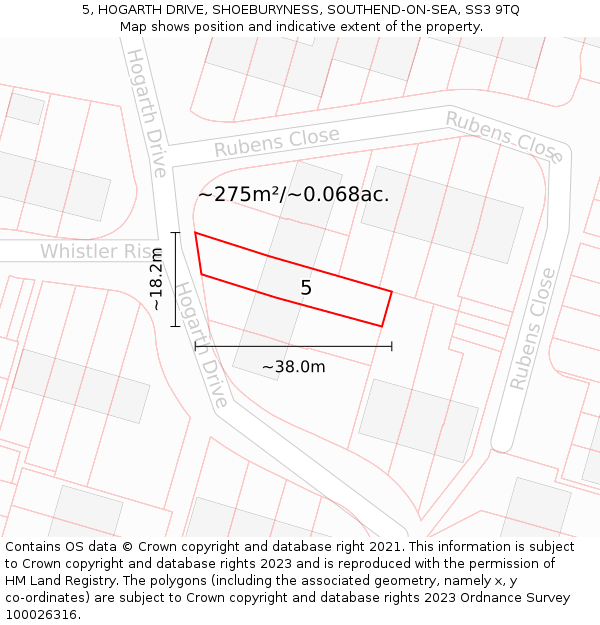 5, HOGARTH DRIVE, SHOEBURYNESS, SOUTHEND-ON-SEA, SS3 9TQ: Plot and title map