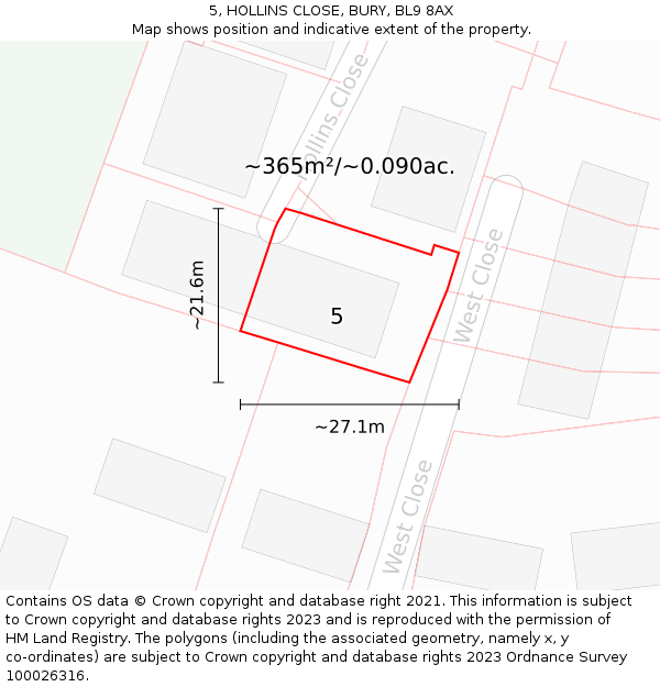 5, HOLLINS CLOSE, BURY, BL9 8AX: Plot and title map