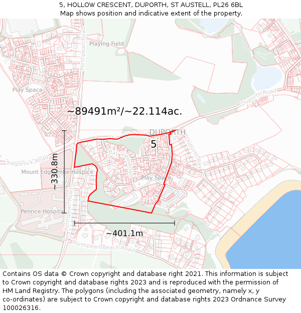 5, HOLLOW CRESCENT, DUPORTH, ST AUSTELL, PL26 6BL: Plot and title map