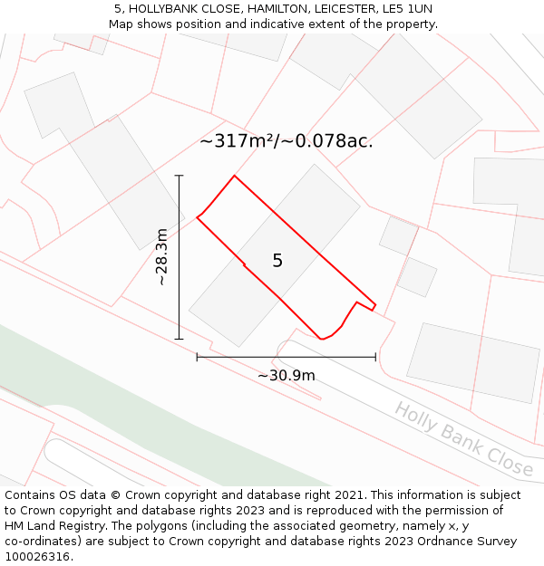 5, HOLLYBANK CLOSE, HAMILTON, LEICESTER, LE5 1UN: Plot and title map