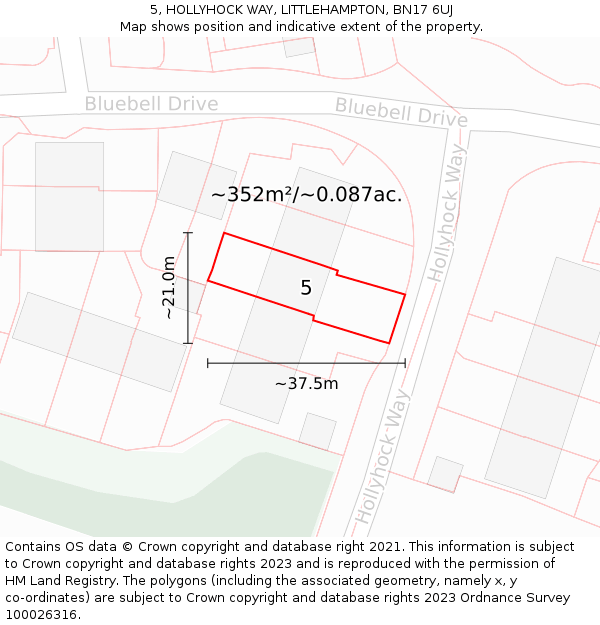 5, HOLLYHOCK WAY, LITTLEHAMPTON, BN17 6UJ: Plot and title map