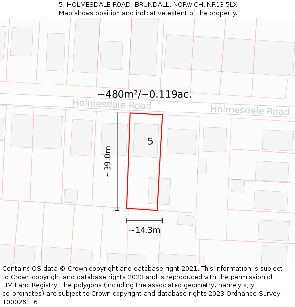 5, HOLMESDALE ROAD, BRUNDALL, NORWICH, NR13 5LX: Plot and title map