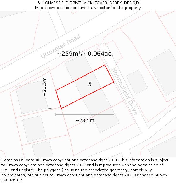 5, HOLMESFIELD DRIVE, MICKLEOVER, DERBY, DE3 9JD: Plot and title map