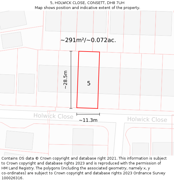 5, HOLWICK CLOSE, CONSETT, DH8 7UH: Plot and title map