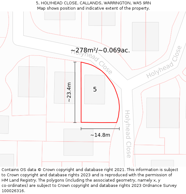 5, HOLYHEAD CLOSE, CALLANDS, WARRINGTON, WA5 9RN: Plot and title map