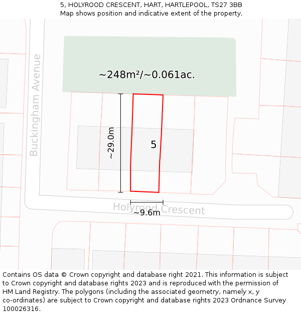 5, HOLYROOD CRESCENT, HART, HARTLEPOOL, TS27 3BB: Plot and title map
