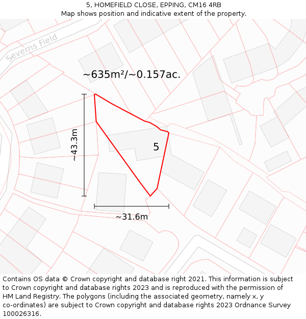 5, HOMEFIELD CLOSE, EPPING, CM16 4RB: Plot and title map