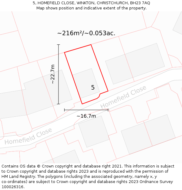 5, HOMEFIELD CLOSE, WINKTON, CHRISTCHURCH, BH23 7AQ: Plot and title map
