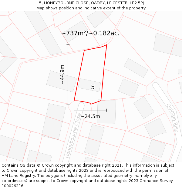 5, HONEYBOURNE CLOSE, OADBY, LEICESTER, LE2 5PJ: Plot and title map