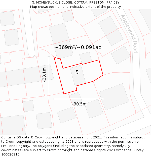 5, HONEYSUCKLE CLOSE, COTTAM, PRESTON, PR4 0EY: Plot and title map