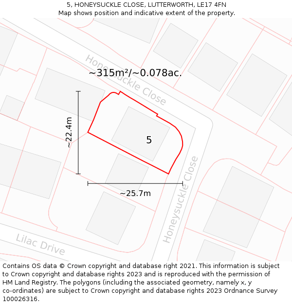 5, HONEYSUCKLE CLOSE, LUTTERWORTH, LE17 4FN: Plot and title map