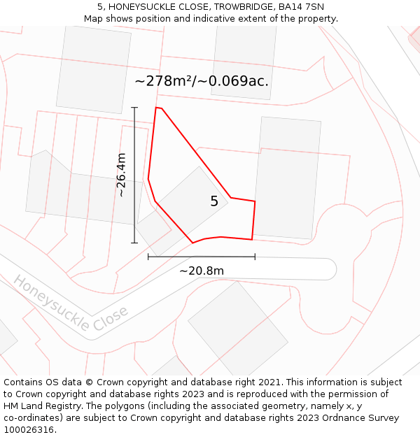 5, HONEYSUCKLE CLOSE, TROWBRIDGE, BA14 7SN: Plot and title map