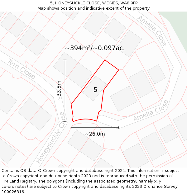 5, HONEYSUCKLE CLOSE, WIDNES, WA8 9FP: Plot and title map