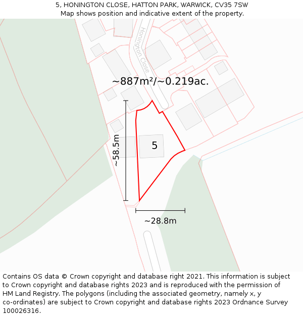 5, HONINGTON CLOSE, HATTON PARK, WARWICK, CV35 7SW: Plot and title map