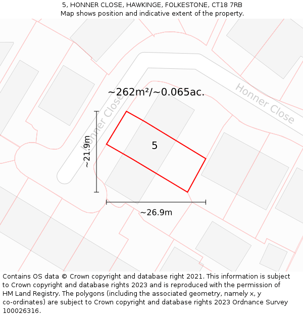 5, HONNER CLOSE, HAWKINGE, FOLKESTONE, CT18 7RB: Plot and title map