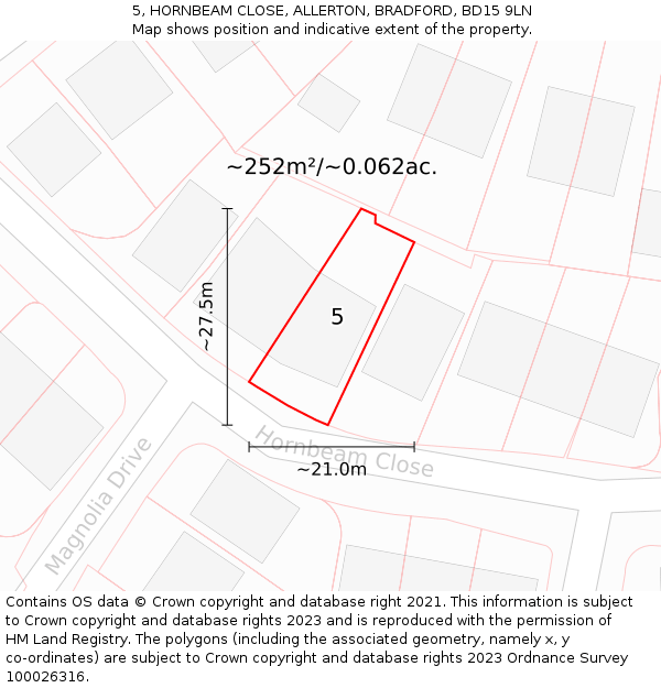 5, HORNBEAM CLOSE, ALLERTON, BRADFORD, BD15 9LN: Plot and title map