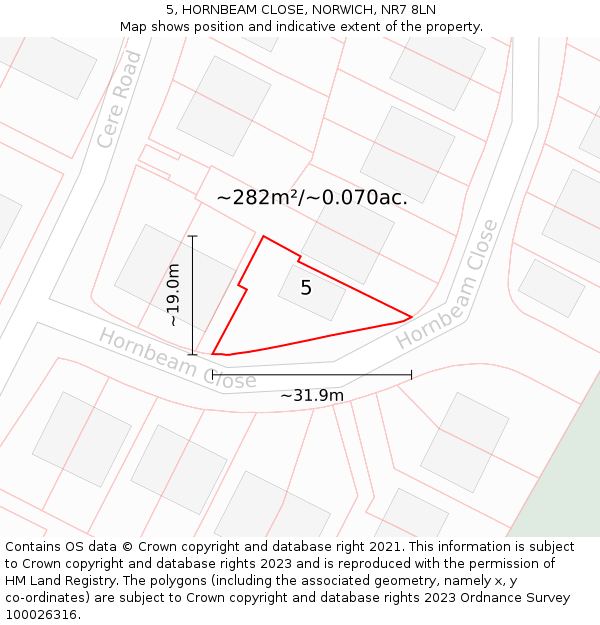 5, HORNBEAM CLOSE, NORWICH, NR7 8LN: Plot and title map