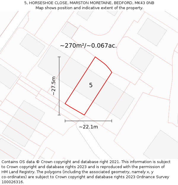 5, HORSESHOE CLOSE, MARSTON MORETAINE, BEDFORD, MK43 0NB: Plot and title map
