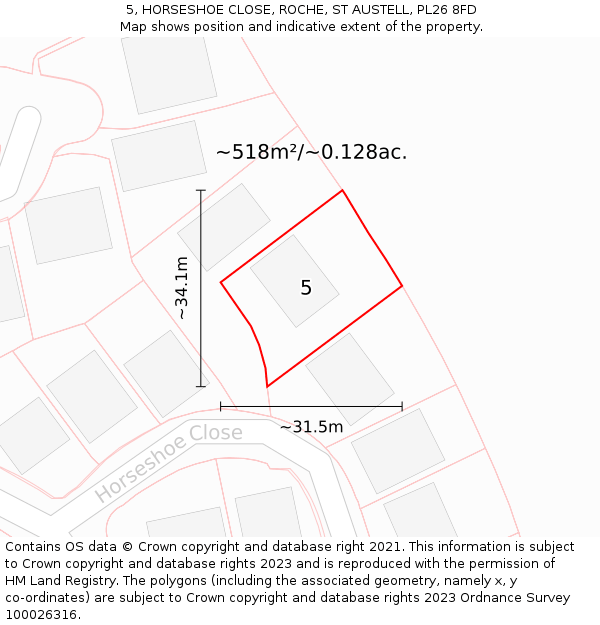 5, HORSESHOE CLOSE, ROCHE, ST AUSTELL, PL26 8FD: Plot and title map