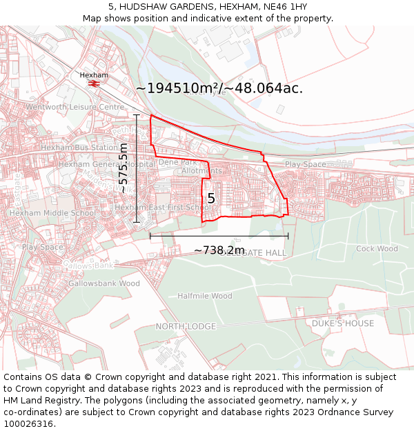 5, HUDSHAW GARDENS, HEXHAM, NE46 1HY: Plot and title map