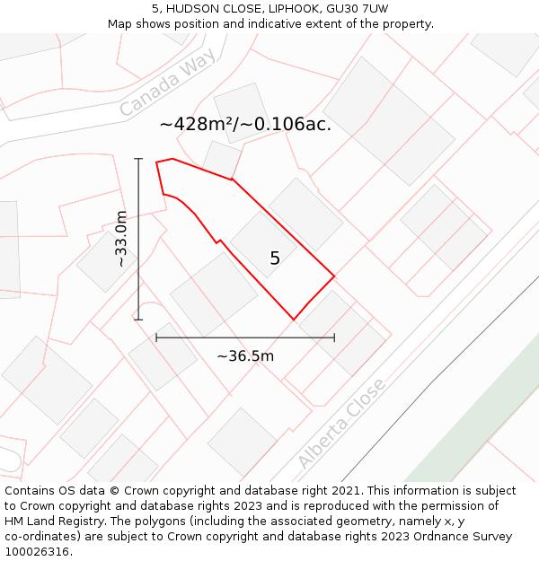 5, HUDSON CLOSE, LIPHOOK, GU30 7UW: Plot and title map
