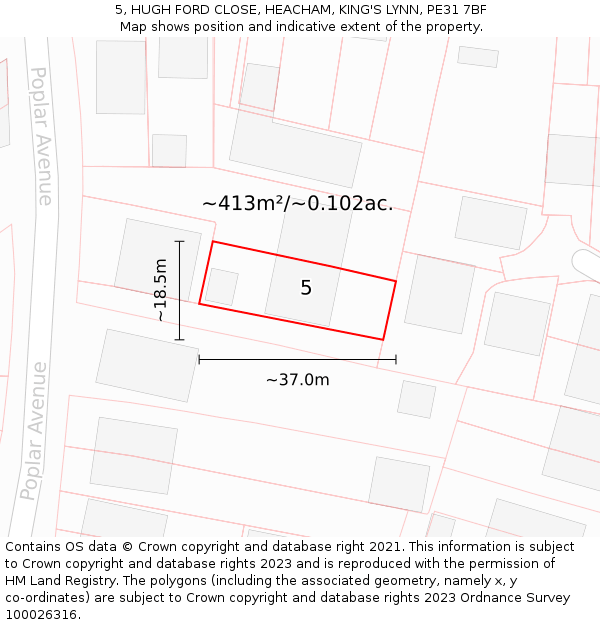 5, HUGH FORD CLOSE, HEACHAM, KING'S LYNN, PE31 7BF: Plot and title map