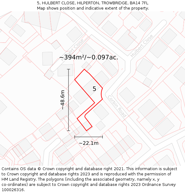 5, HULBERT CLOSE, HILPERTON, TROWBRIDGE, BA14 7FL: Plot and title map
