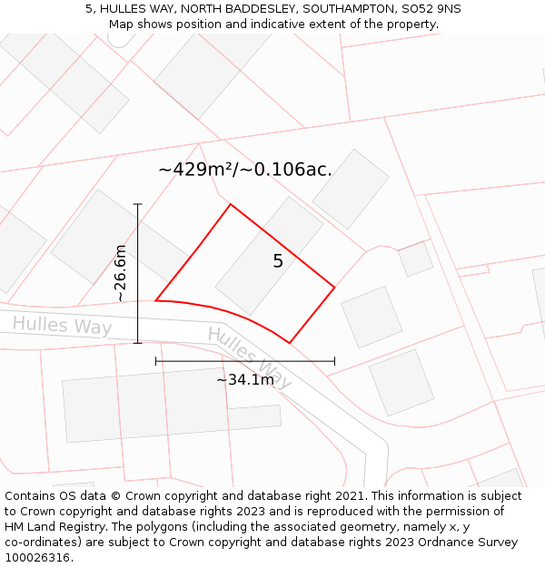 5, HULLES WAY, NORTH BADDESLEY, SOUTHAMPTON, SO52 9NS: Plot and title map