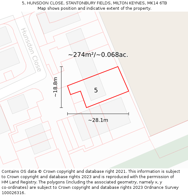 5, HUNSDON CLOSE, STANTONBURY FIELDS, MILTON KEYNES, MK14 6TB: Plot and title map