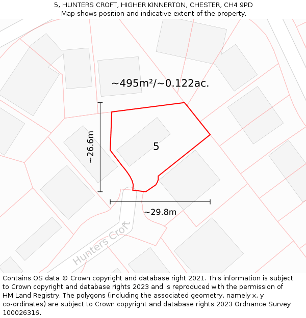 5, HUNTERS CROFT, HIGHER KINNERTON, CHESTER, CH4 9PD: Plot and title map