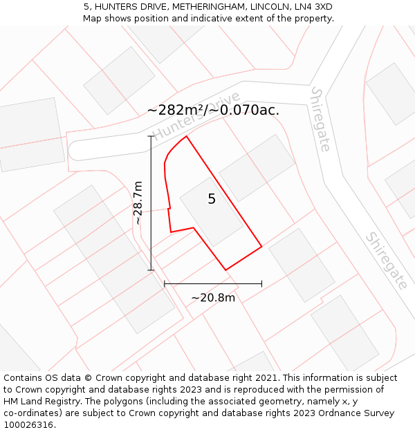 5, HUNTERS DRIVE, METHERINGHAM, LINCOLN, LN4 3XD: Plot and title map