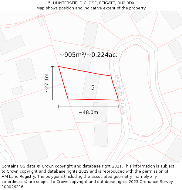5, HUNTERSFIELD CLOSE, REIGATE, RH2 0DX: Plot and title map