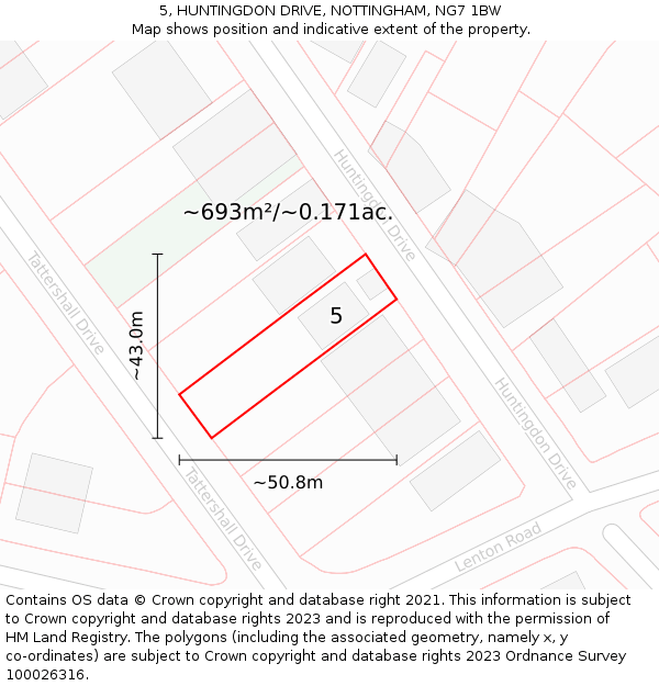 5, HUNTINGDON DRIVE, NOTTINGHAM, NG7 1BW: Plot and title map