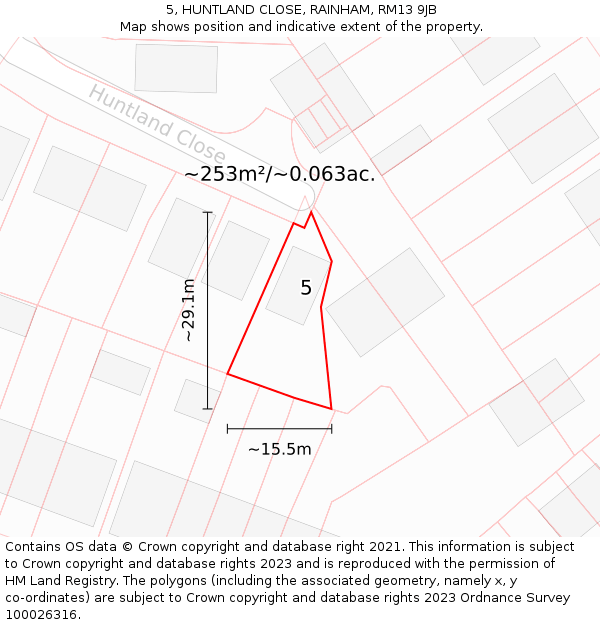 5, HUNTLAND CLOSE, RAINHAM, RM13 9JB: Plot and title map