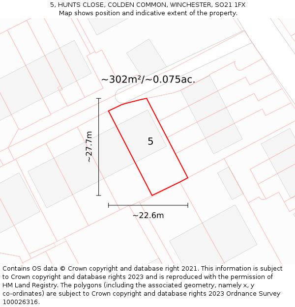 5, HUNTS CLOSE, COLDEN COMMON, WINCHESTER, SO21 1FX: Plot and title map