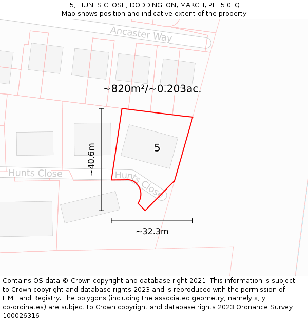 5, HUNTS CLOSE, DODDINGTON, MARCH, PE15 0LQ: Plot and title map